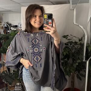 Johnny Was Embroidered Boho Poncho Top Gray Size Medium
